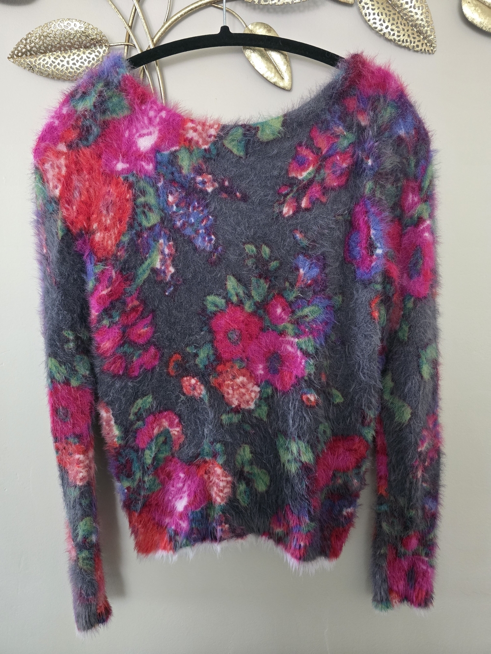 Anthropology Fuzzy Floral Crewneck Sweater - Gray, Pink & Green Sz S - Picture 3 of 9